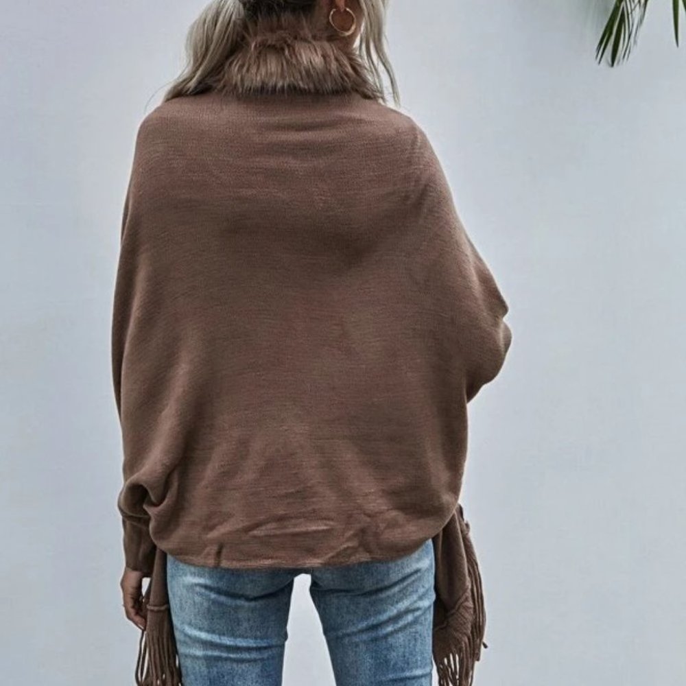 Contrast Fuzzy Batwing Sleeve Fringe Hem Cardigan - Picture 6 of 7